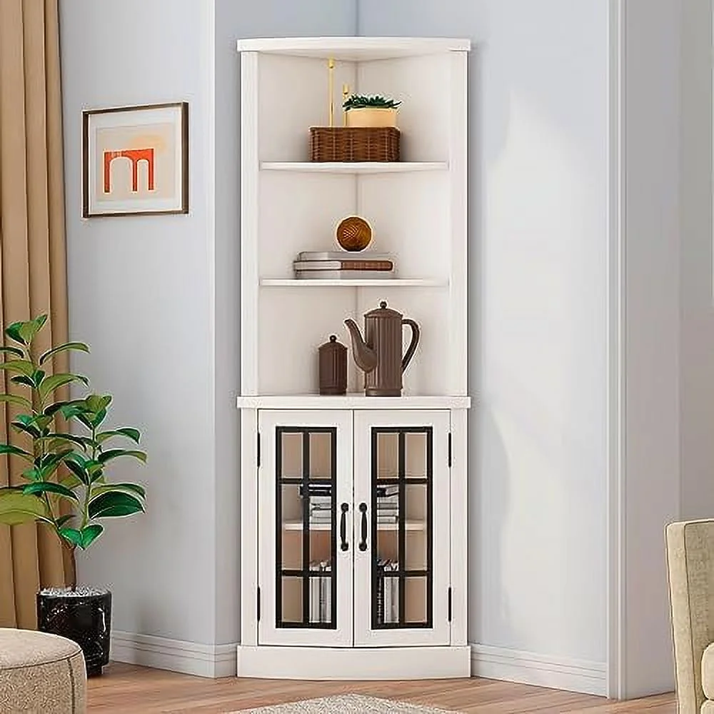 HOOMHIBIU Curved Corner  Cabinet  65'' Tall Freestanding Bookcase with Glass Doors