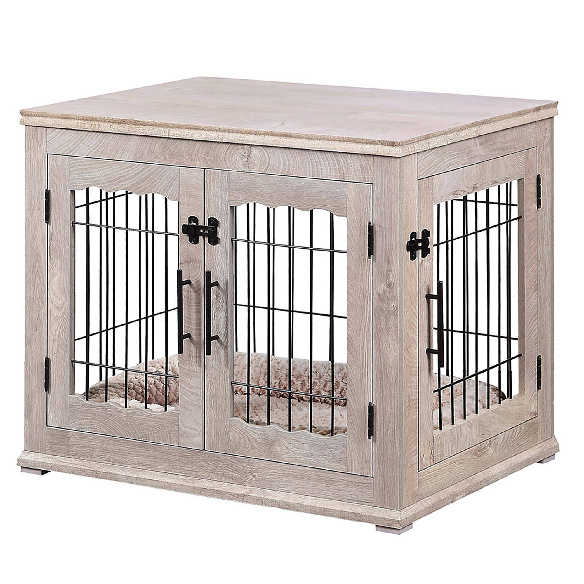 Unipaws Crate Wooden End Table with Wire Dog Kennel with Bed in Weathered Gray, 32x22 L x 23x22 W x 26.5x22 H, Medium
