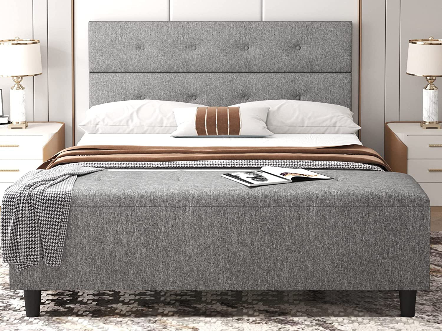 SHA CERLIN Queen Platform Bed Frame with Storage Ottoman Bench & Headboard, Gray, Adults