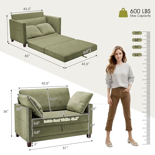 51" Loveseat Sleeper Sofa Bed, Chenille Convertible Floor Sofa Bed for Small Spaces, Folding Couch Bed with Deep Seat, 2 Pillows & Solid Frame