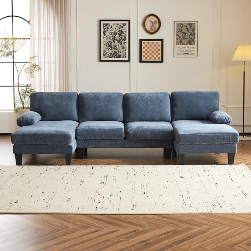 VINGLI 110" Sectional Couches for Living Room,U Shaped Couch with Double Chaise, 4-Seat Sofa Set with Chenille Fabric for Home Furniture,Forest Green