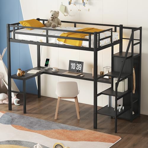Bellamave Metal Loft Bed with Wardrobe and L-Shaped Desk, Full Size Loft Bed with Storage Cubes and Shelves, Heavy Duty LoftBed for Kids Teens Adults
