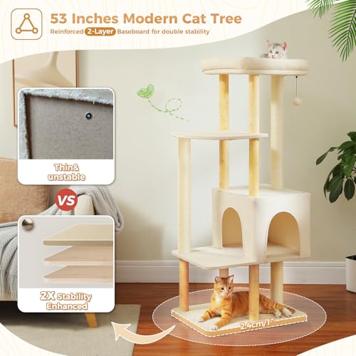 PAWZ Road Large Cat Tree, 73 Inches Tall Wooden Cat Tower with 2 Spacious Hammocks,2 Big Top Beds,8 Fully Scratching Posts and Natural Wood Posts