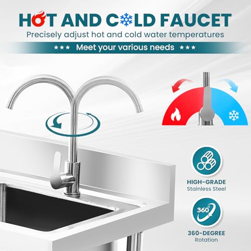 Utility Sink Stainless Steel Free Standing Single Bowl Laundry Outdoor Commercial Kitchen Sink with Cold Hot Pipe for Bar, Garage, Restaurant