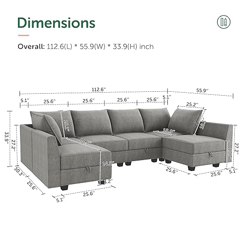 HONBAY Modular Sectional Sofa U Shaped Sectional Modular Sofa with Storage Convertible Sectional Couch for Living Room, Grey