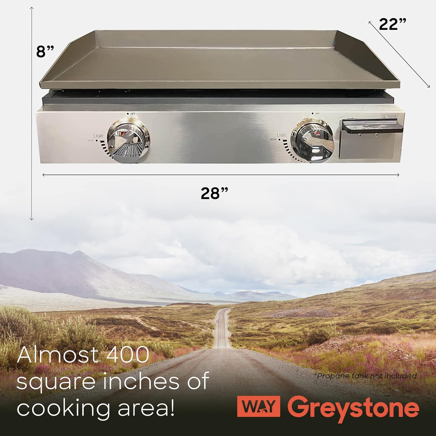 Way Interglobal Greystone RV Griddle, 25 Inches, Stainless Steel Panel, (2) 15,000 BTU Burners, Black