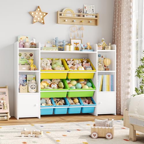FOTOSOK 55''Large Toy Storage Organizer with 8 Toy Bins, Toy Organizers and Storage with Shelf and 6 Storage Cubbies, Bookshelf for Kids