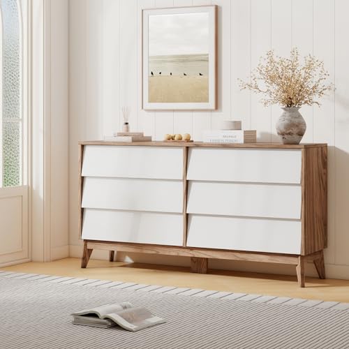 AMERLIFE 6 Drawer Dresser for Bedroom, 60" Mid-Century Wood Storage Closet Chest of Beveled Drawers, Modern TV Stand Dressers Organizer for Bedroom