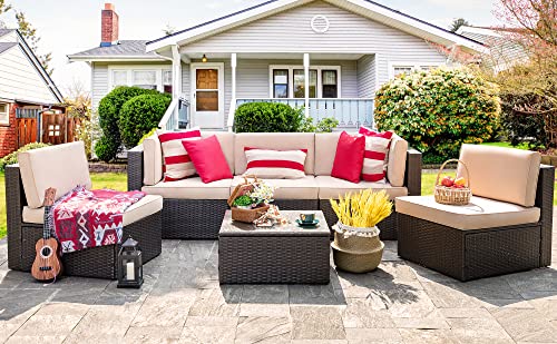 Vongrasig 6 Pieces Outdoor Patio Furniture Set, PE Wicker Rattan Sectional Sofa Patio Conversation Sets with Coffee Table for Garden, Backyard