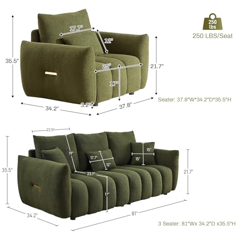 2 Piece Teddy Cloud Sofa Couch Set, Modern Deep Seat 3 Seater Boucle Sofa & Single Sofa Chair