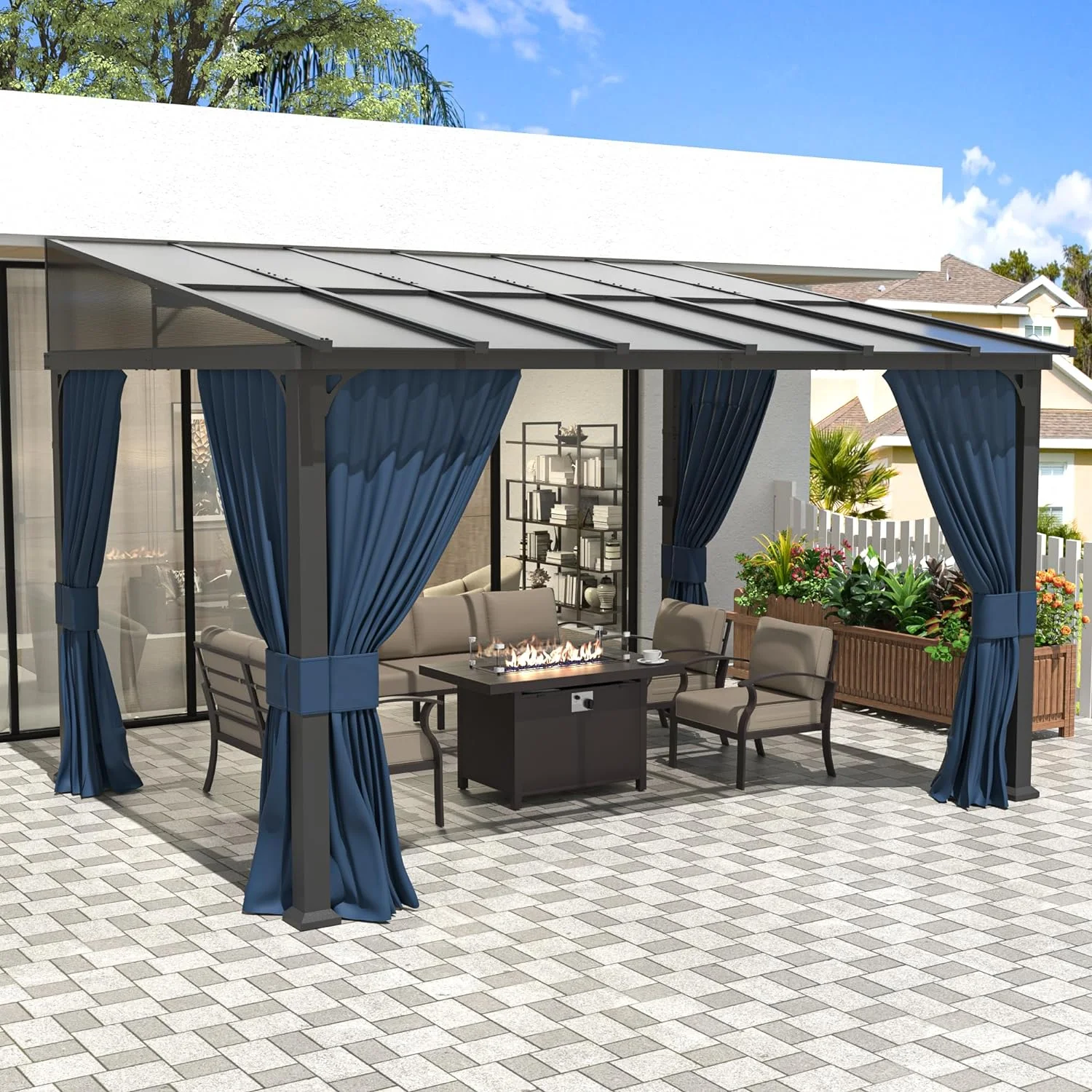Outdoor Lean to Gazebo 10x12FT, Hardtop Wall Mounted Gazebo with Sloping Sun Panel Roof, Awnings for Patio with Metal Frame