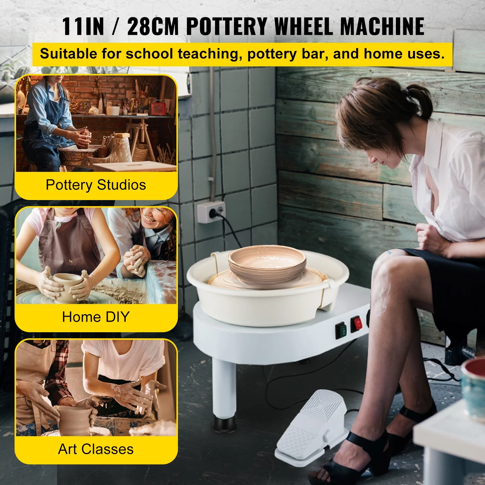 VEVOR Pottery Wheel, 11in Ceramic Wheel Forming Machine, 0-300RPM Speed Manual Adjustable 0-7.8in Lift Leg, Foot Pedal Detachable Basin