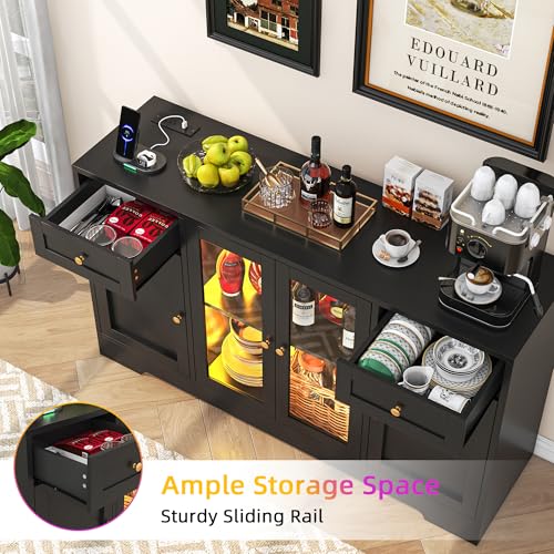 LED Coffee Bar Cabinet with Storage, 55'' Large Sideboard Buffet Cabinet, Wood Coffee Bar Buffet Table with 4 Doors and Charging Station
