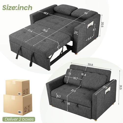 SEJOV 3-in-1 Convertible Sofa Bed, Linen Fabric Sleeper Couch Pull Out Bed, 49" 2-Seater Loveseat Futon Sofa with Spring Support