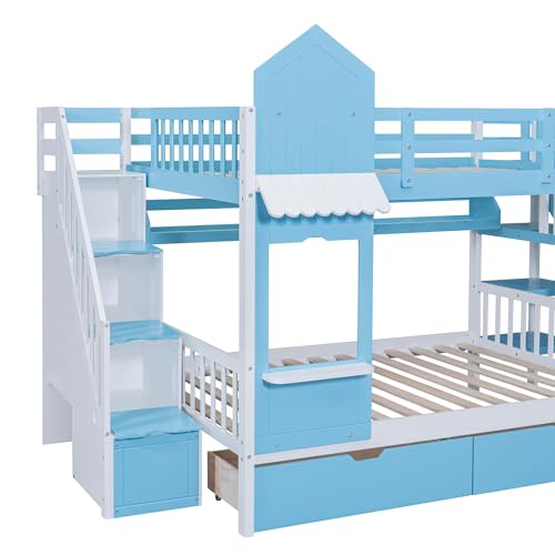 Harper & Bright Designs Twin Over Twin Bunk Bed with Stairs and Slide, Solid Wood Bunk Bed Frame with Storage Drawers and Bookshelf
