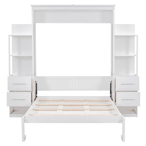 MERITLINE Queen Murphy Bed with Storage Drawers,LED Lights and Shelves,Wood Murphy Wall Bed Cabinet for Adults (Grey)