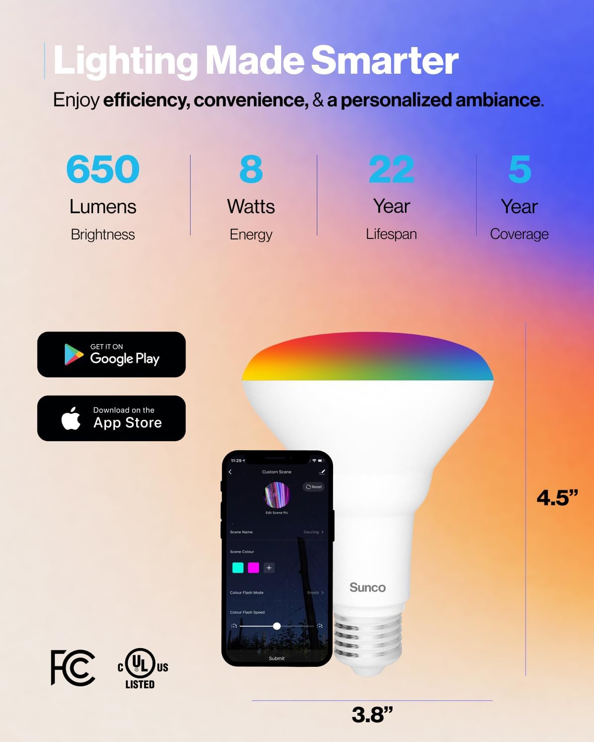 Sunco Lighting BR30 Alexa Smart Flood Light Bulb, Color Changing LED Recessed WiFi Bulb 8W, RGB CW, Dimmable, 650 LM