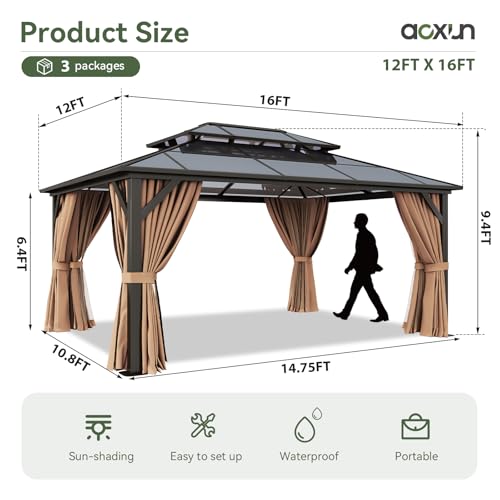 Aoxun 12'x16' Hardtop Gazebo, Aluminum Frame Permanent Pavilion with Netting and Curtains, Outdoor Polycarbonate Double Roof Canopy