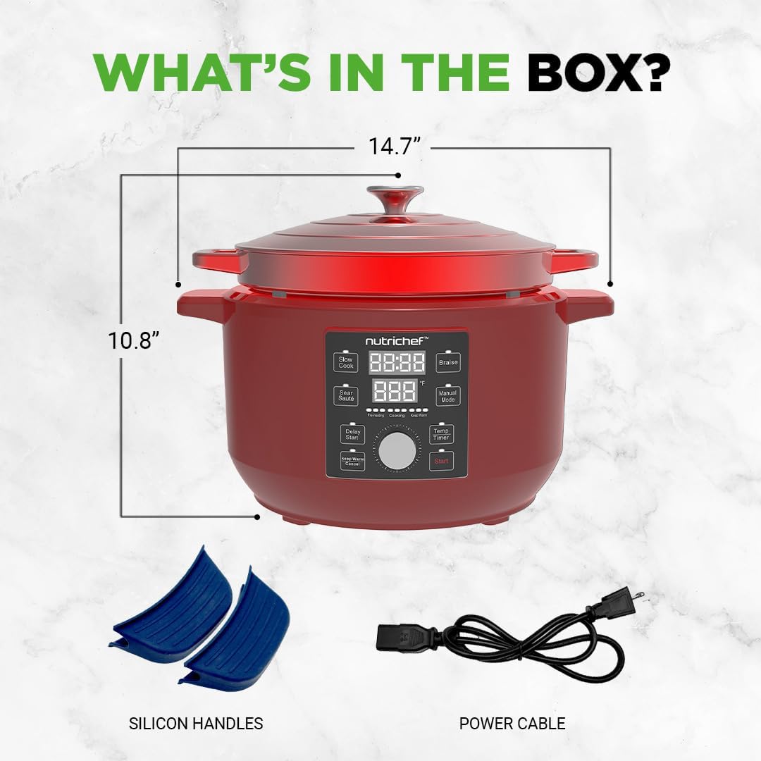 6 Quart Electric Dutch Oven | 1500W 5-in-1 Enamel Coated Cast Iron Pot with Stainless Steel Lid | Precise Temperature Control | Includes 2 Silicone