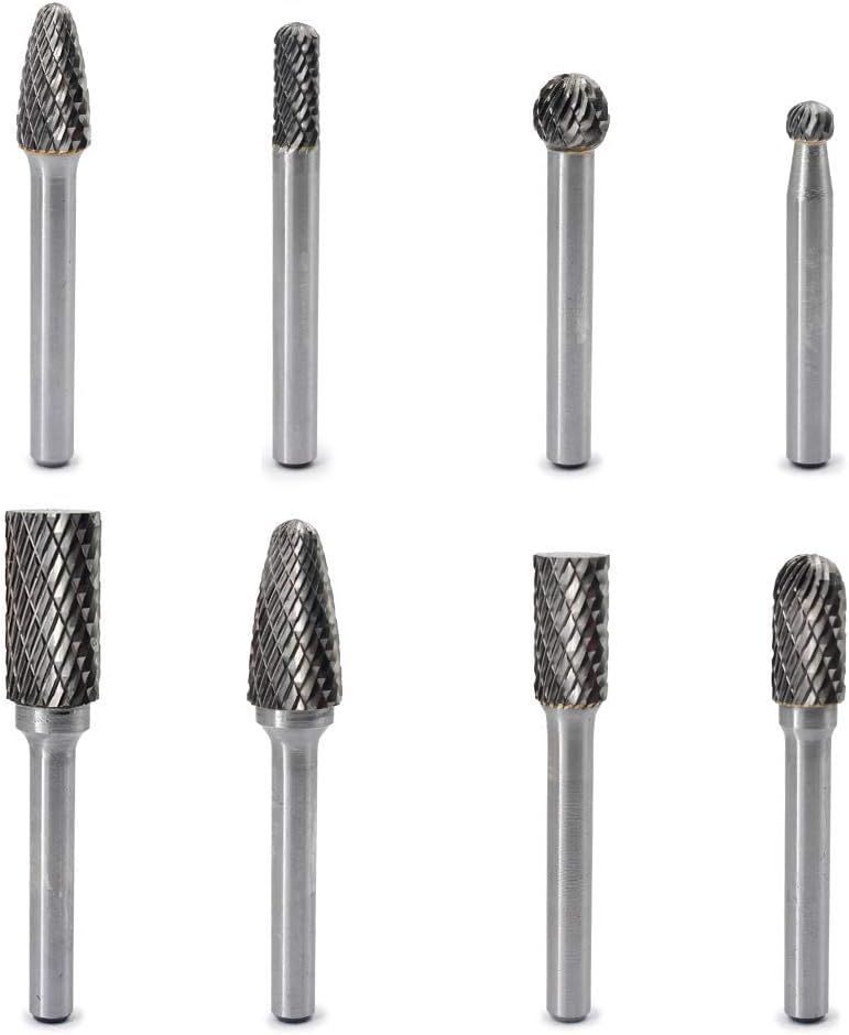 Carbide Burr Set 8pcs JESTUOUS 1/4 Inch Shank Diameter Double Cut Rotary Files Metal Grinding Polishing Carving Tool Drill Bits for Die Grinder Kits