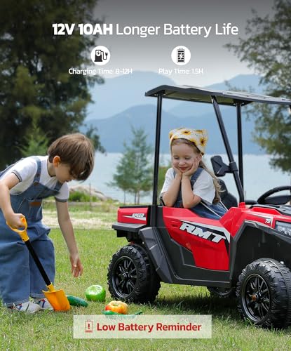 ELEMARA 24V Ride on Toy for Big Kid,Ride on Car 2 Seater w/Sun Shade,Dump Bed & Shovel,4.5MPH,4WD Electric Car for Kids,Battery Car w/Remote