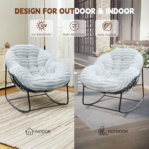 Outdoor Indoor Rocking Chair, Patio Wicker Egg Chair, Indoor & Outdoor Comfy Oversized Papasan Chair with Padded Cushion