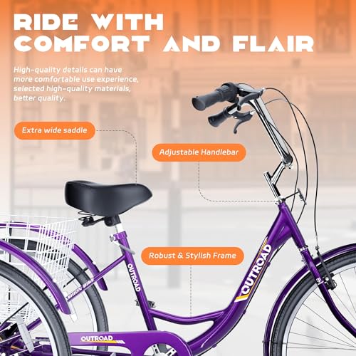 7-Speed Adult Tricycle with Large Basket 24/26 Inch, Stable 3-Wheel Cruise Bicycle for Shopping, Beach and City Trike Perfect for Men, Women
