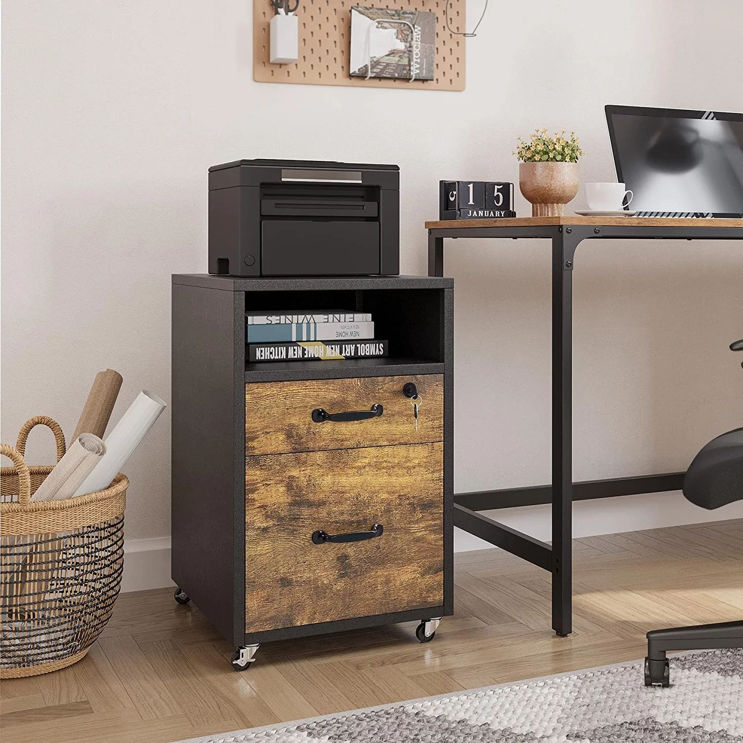 Filing Cabinet with 2 Drawers and Open Compartment,Under Desk Vertical File Cabinet with Lockable Wheels for A4
