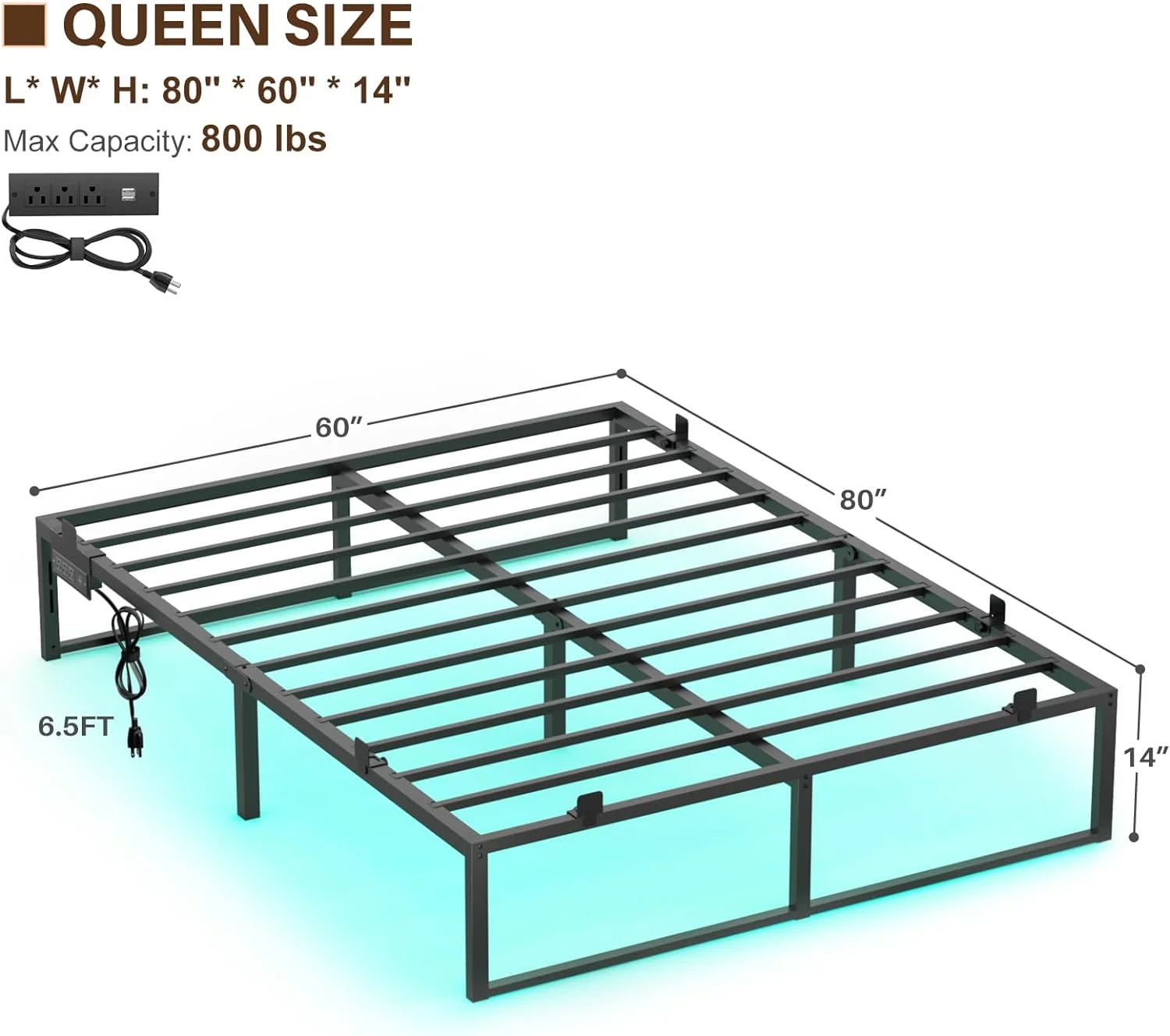 Homieasy Metal Bed Frame with Charging Station and LED Lights, 14 Inch Queen Size Platform Bed Frame with Non-Slip Mattress Gaskets