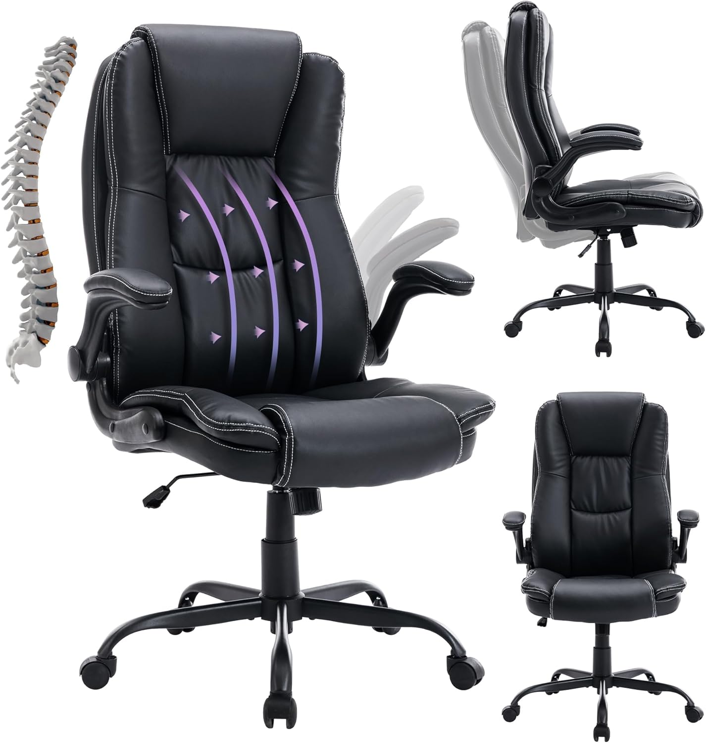 Big and Tall Office Chair,High Back Executive Office Chair with Flip-up Armrest,PU Leather Ergonomic Office Chair with Back Lumbar Support