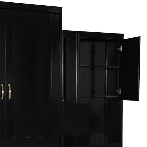 Queen Size Farmhouse Murphy Bed Cabinet with Charging Station, Foldable Platform Bed Frame with 2 Storage Drawers