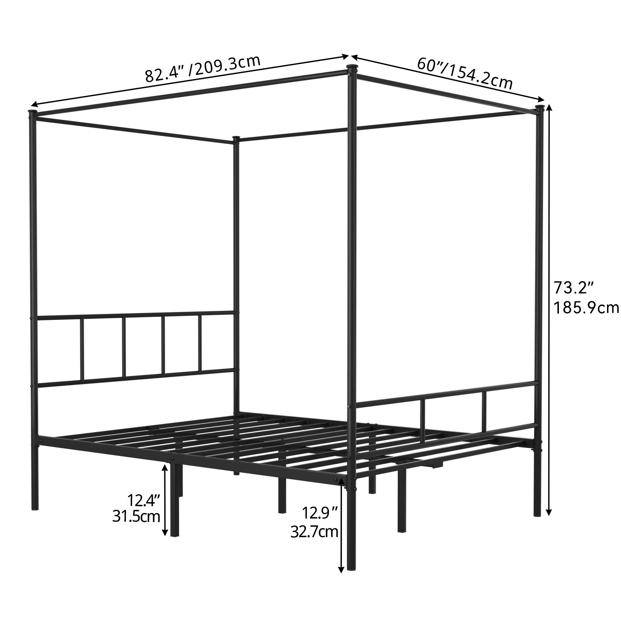 Dextrus Queen Size Bed Frame, Metal Canopy Four Poster Bed Frame with Built-in Headboard Strong Metal Slat Mattress Support, No Box Spring Needed