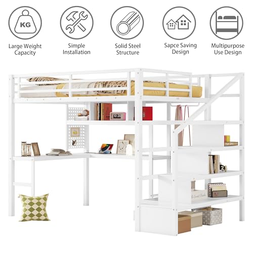 Queen Loft Bed with L-Shaped Desk and Stairs,Metal Queen Size LoftBed with Wardrobe and Adjustable Shelf, Gaming Bed with LED and USB