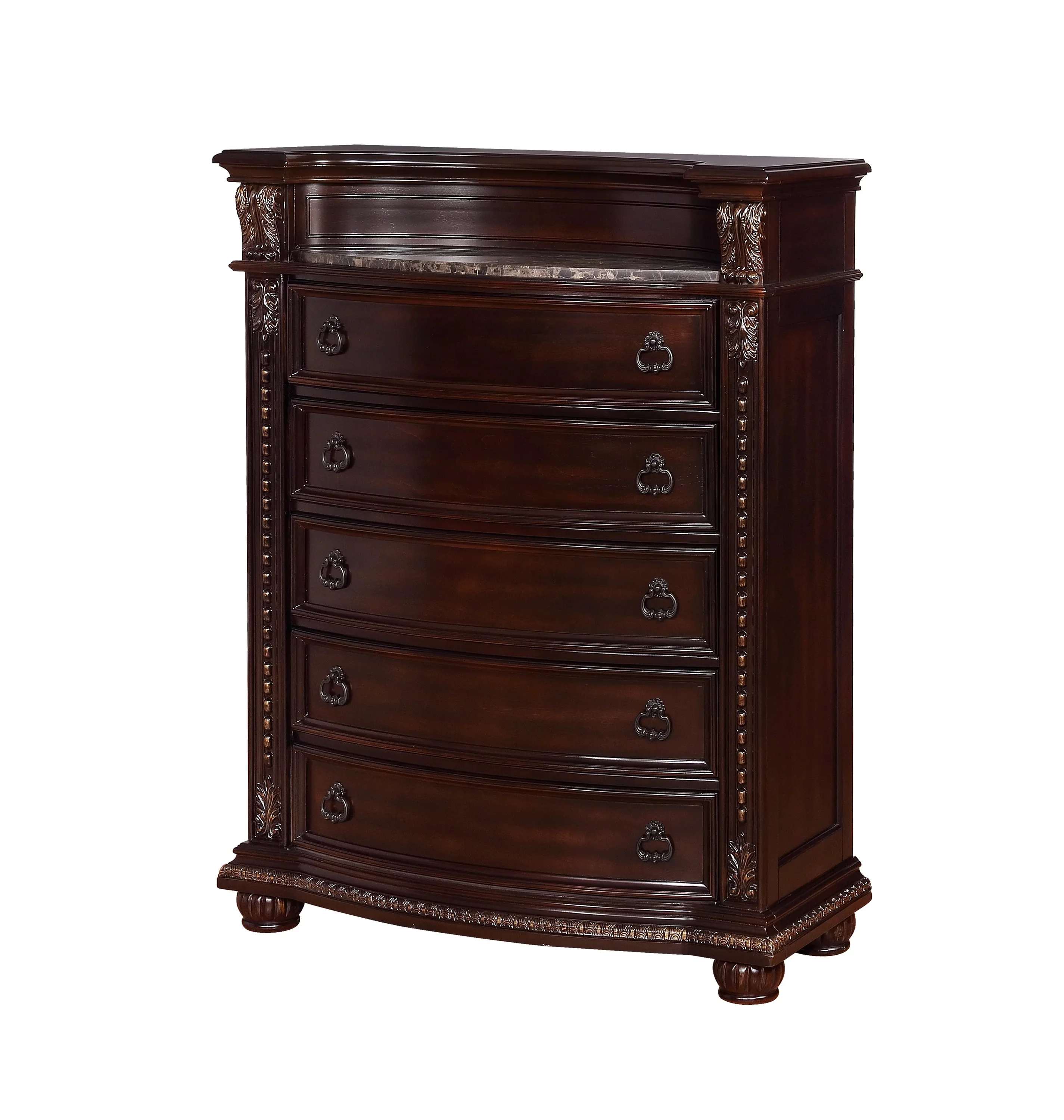 Traditional Formal 6pc Set King Size Faux Leather Upholstery Panel Bed Cherry Finish Marble Top Solid Wood Furniture