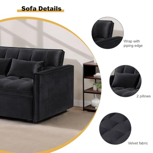 3 in 1 Sleeper Sofa Bed, Futon Sofa Bed for Living Room with Side Pocket, Black Sleepers Sofa Couch with Pullout Bed