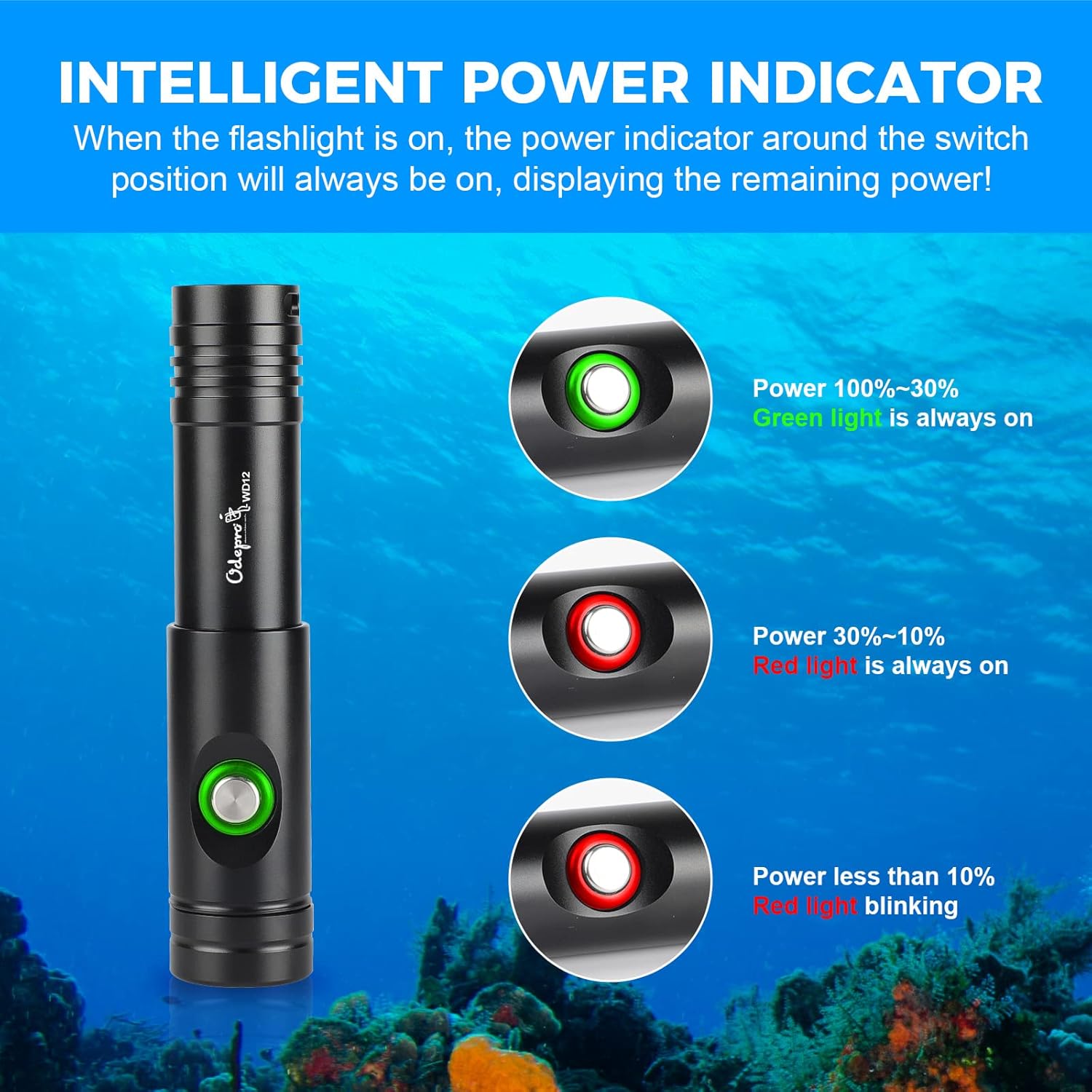 Odepro WD12 Scuba Diving Light 1050 Lumen Super Bright Compact Dive Lights with 3 Modes