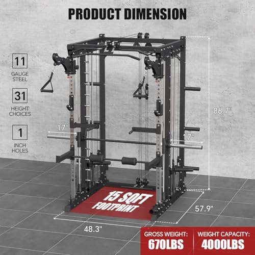 Commercial Smith Machine with Smith Bar, 4000LBS Power Cage Squat Rack with Lever Arm, Leg Press, LAT Pull Down System