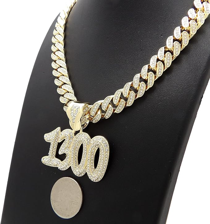 Hip Hop Iced Gold Plated Cubic Zirconia Rapper Style 1300 Bling Pendant & 12mm 16" Iced Cuban Box Lock Chain Necklace Set