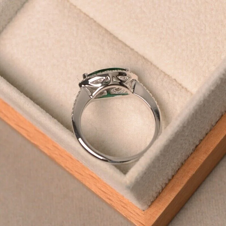 emerald ring, sterling silver, marquise cut ring, engagement ring, halo ring,