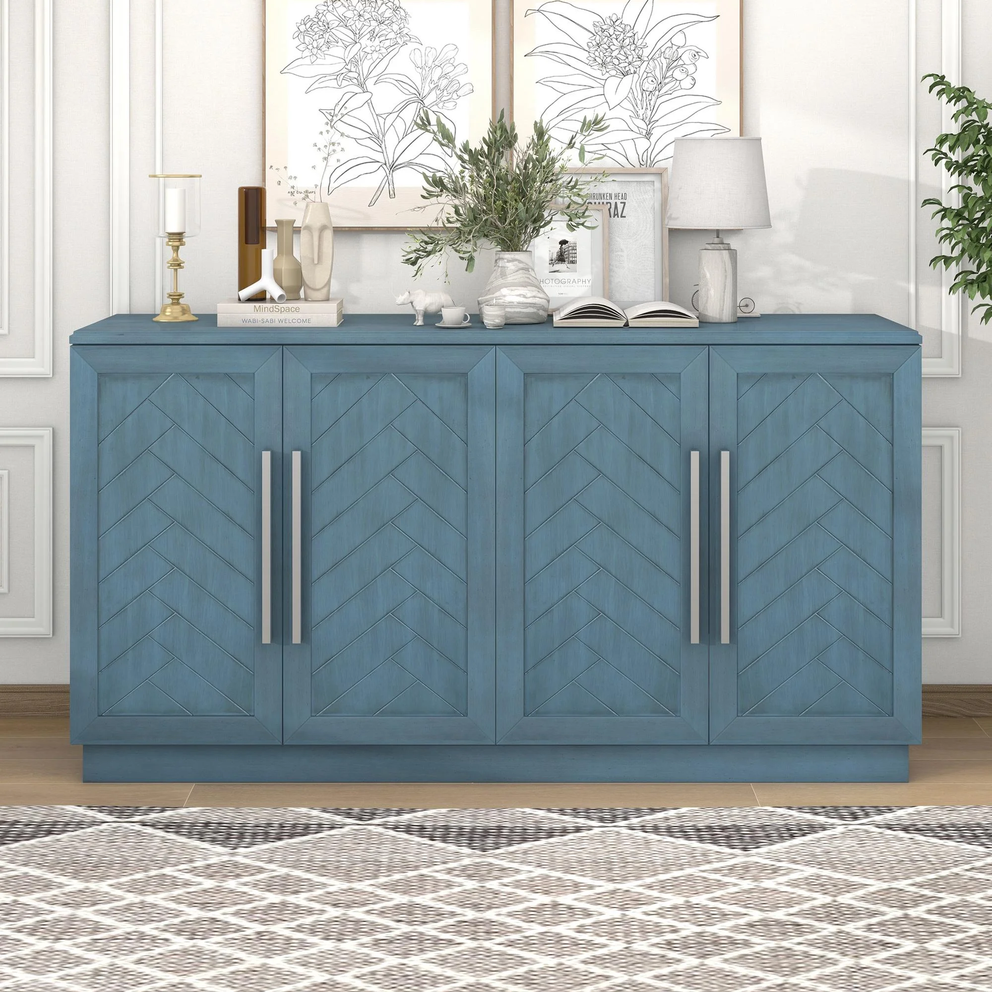 Blue Buffet Cabinet, FURNINEST Accent Cabinet with 4 Doors, Farmhouse Buffet Cabinet with Adjustable Shelves