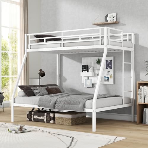 KOMFOTT Twin Over Full Bunk Bed with Trundle, Heavy-Duty Metal Bunk Bed Frame with Guardrail & 2 Ladders, Space-Saving Bunk Bed for Kids/Teens/Adults