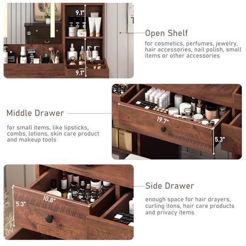 Farmhouse Vanity Desk w/Outlet & Stool, 11 Storage Shelves 3 Drawers 2 Big Cabinets, 43" White Vanity Table Make up Desk w/Mirror and Lights