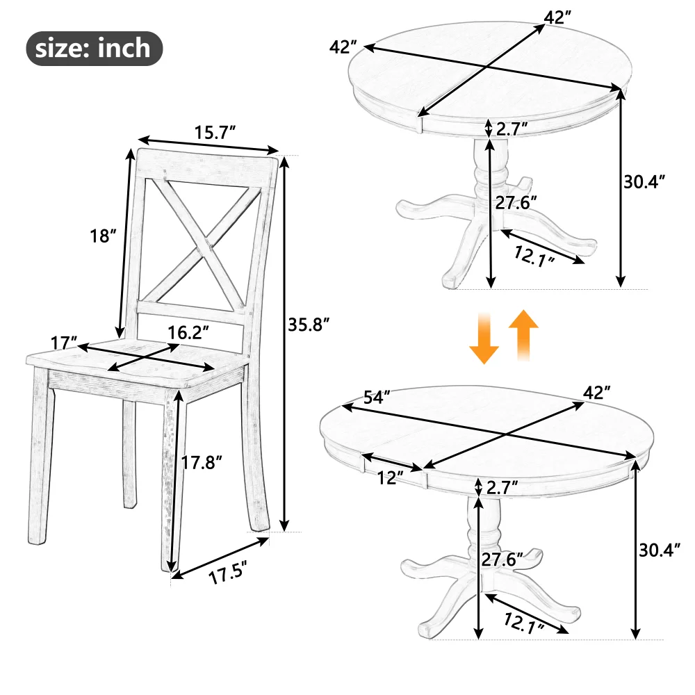 5-Piece Dining Table and Chairs Set for 4 Persons, Solid Wood Round Table with 4 Chairs for Apartment Kitchen Dining Room