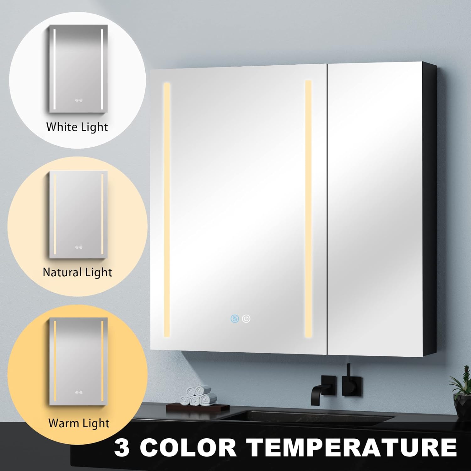 30x30 Inch LED Bathroom Medicine Cabinet Surface Mount Double Door Lighted Medicine Cabinet, Medicine Cabinets with Mirror Defogging Dimmer