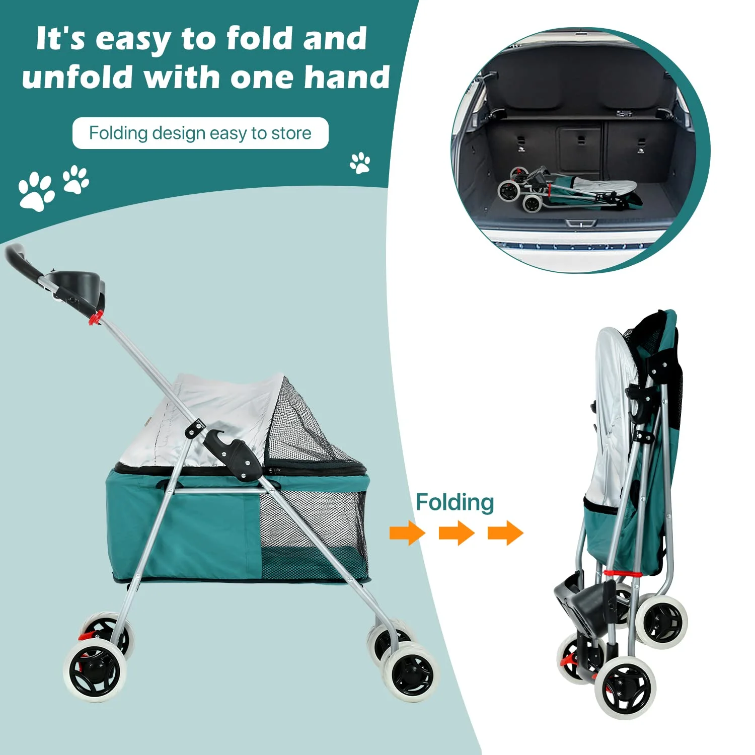NiamVelo Small and Medium Doggie Carriage Cart, Folding 4-Wheel Dog Stroller with Cup Holders, Portable, Teal