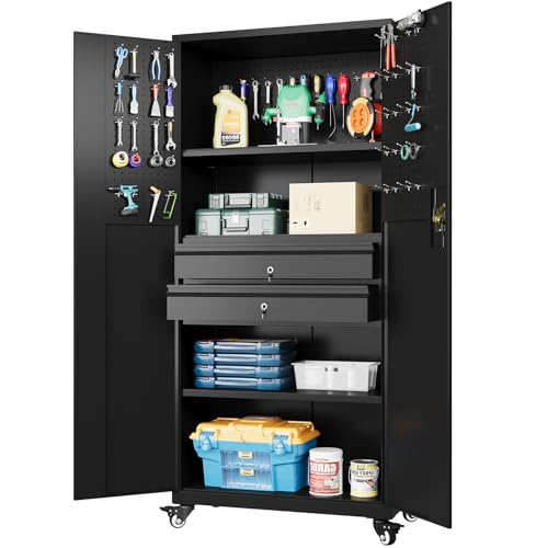 71" Metal Garage Storage Cabinet with Drawers and Wheels Rolling Tool Chest Cabinet with Pegboards