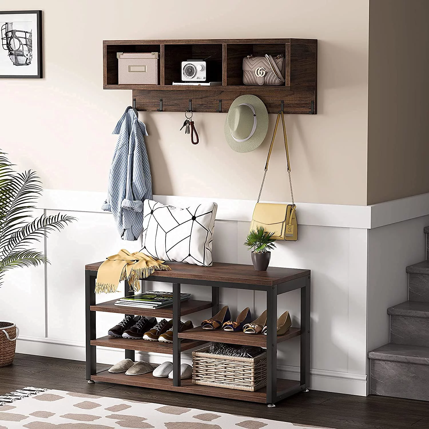 Tribesigns Hall Tree with  Bench, 3 Storage Cubbies, 7 Hooks for Entryway, Hallway