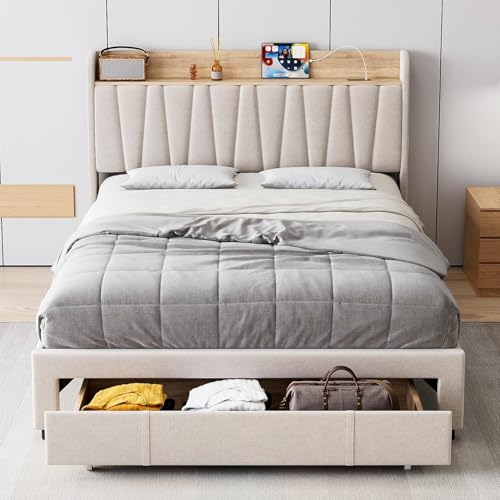 IDEALHOUSE Queen Size Bed Frame with Storage Headboard, Upholstered Platform Beds with Drawers, Charging Station, Noise-Free, No Box Spring Needed