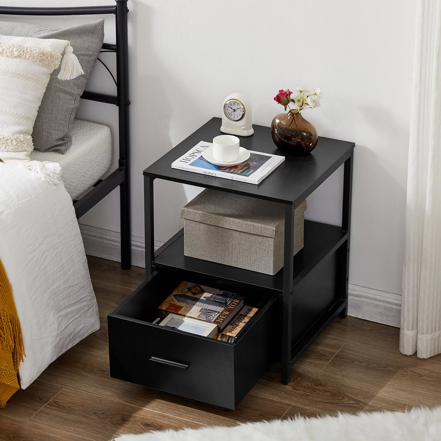 VECELO 3-Piece Bedroom Set with Twin Bed Frame and 2 Black Nightstands