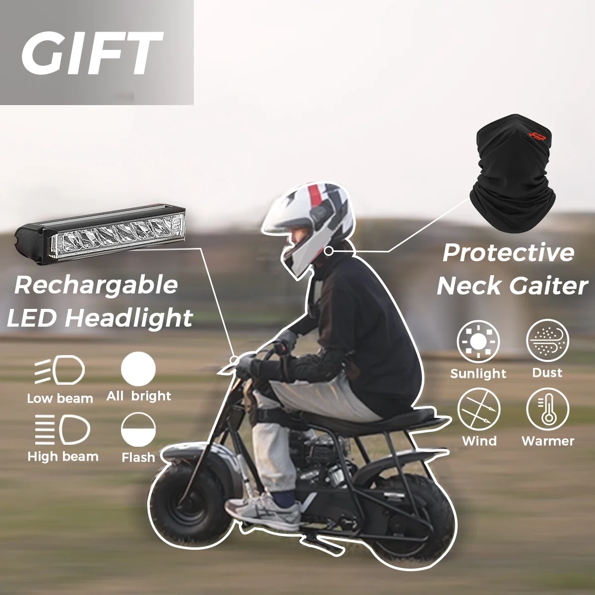 FRP GMB100 Mini Bike, 99CC 4-Stroke Mini Bikes for Adults, Gas Powered Mini Dirt Bike, Off-Road Motorcycle W/LED Headlight and Neck Gaiter